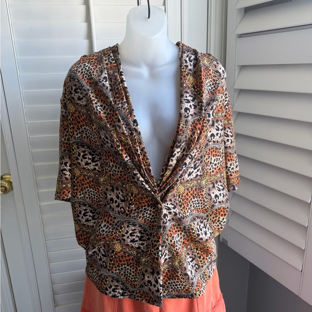 Women's Animal-Print Short Sleeve V-Neck Top - Orange/Brown 90s